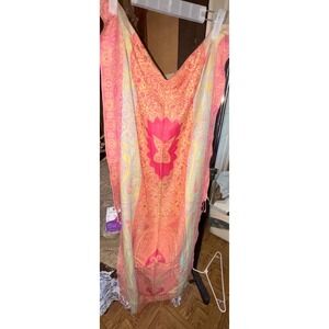 Collection XVIII Pink Orange Paisley Pashmina Wrap Scarf with Fringe Trim